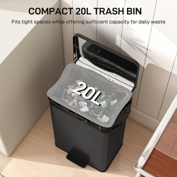 HOMCOM 20L Kitchen Bin with Soft-Close Lid, Stay-Open Function, Stainless Steel Pedal Bin with Removable Inner Bucket, Matte Black Aosom UK