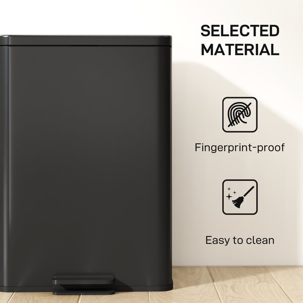 HOMCOM 20L Kitchen Bin with Soft-Close Lid, Stay-Open Function, Stainless Steel Pedal Bin with Removable Inner Bucket, Matte Black Aosom UK