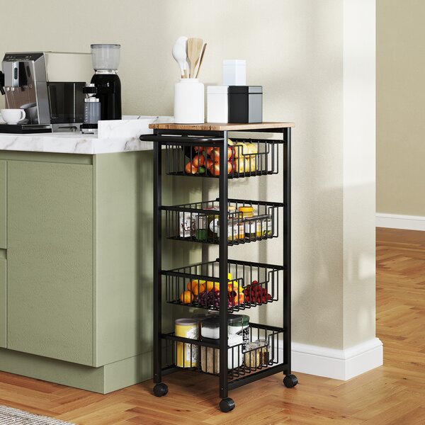 HOMCOM 4 Basket Mobile Kitchen Island with Brakes, Storage Cart with Oak/Black Finish for Kitchen Aosom UK