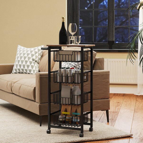 HOMCOM 4 Basket Mobile Kitchen Island with Brakes, Storage Cart with Oak/Black Finish for Kitchen Aosom UK