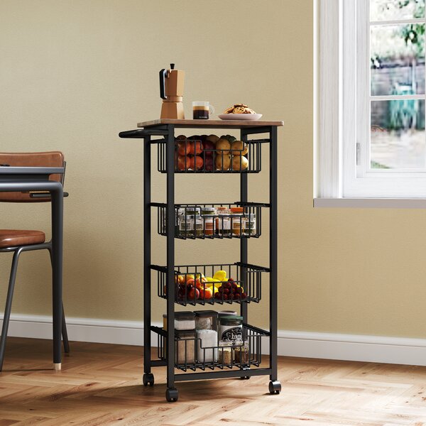 HOMCOM 4 Basket Mobile Kitchen Island with Brakes, Storage Cart with Oak/Black Finish for Kitchen Aosom UK