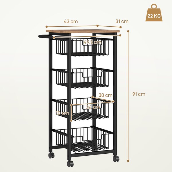 HOMCOM 4 Basket Mobile Kitchen Island with Brakes, Storage Cart with Oak/Black Finish for Kitchen Aosom UK