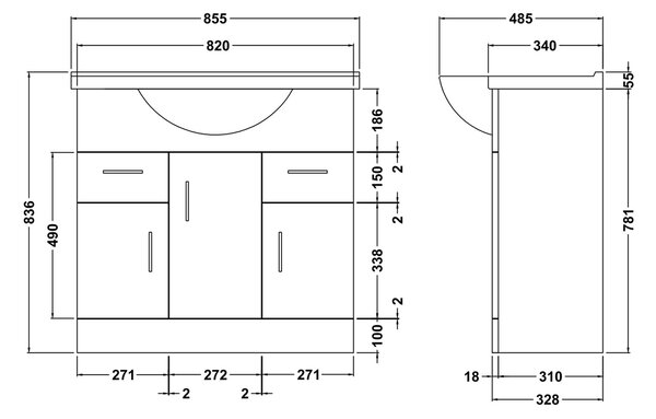 Mayford 3 Door 2 Drawer Vanity Unit with Round Basin