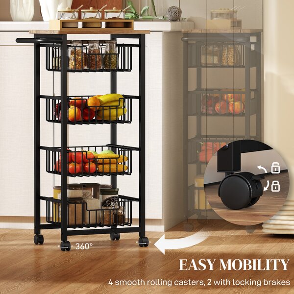 HOMCOM 4 Basket Mobile Kitchen Island with Brakes, Storage Cart with Oak/Black Finish for Kitchen Aosom UK
