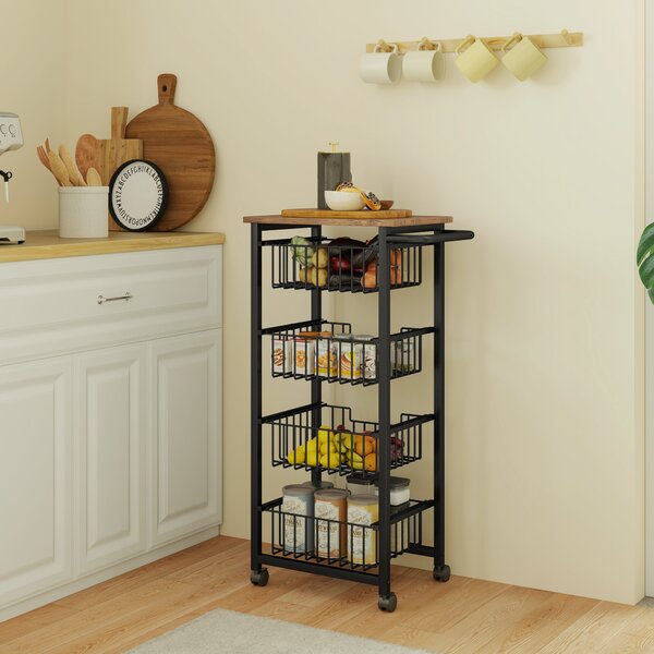 HOMCOM 4 Basket Mobile Kitchen Island with Brakes, Storage Cart with Oak/Black Finish for Kitchen Aosom UK
