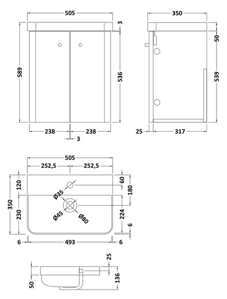 Core Wall Mounted 2 Door Vanity Unit with Basin