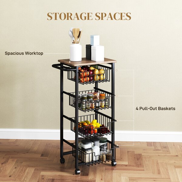 HOMCOM 4 Basket Mobile Kitchen Island with Brakes, Storage Cart with Oak/Black Finish for Kitchen Aosom UK