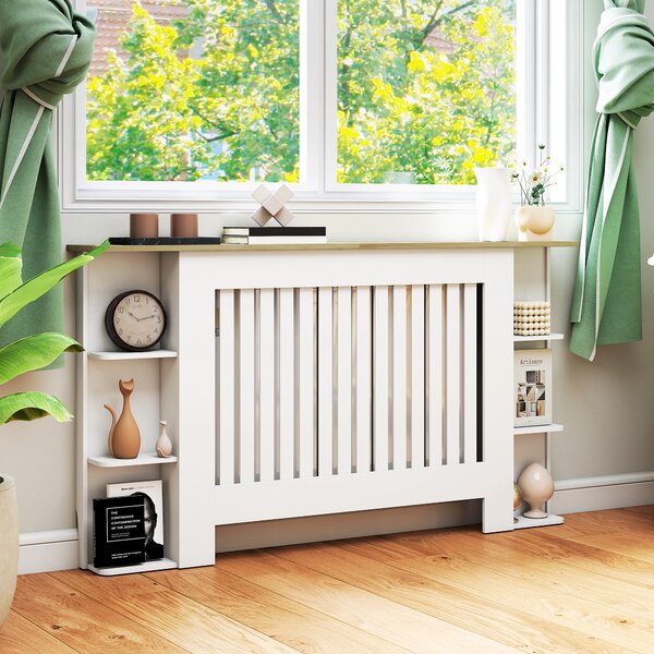 HOMCOM Radiator Cover with Open Storage Shelves, Vertical Slatted Cabinet Shelf Heater Cover for Living Room, Hallway, Large, White (H: 83 / W: 152 / D: 19 cm)