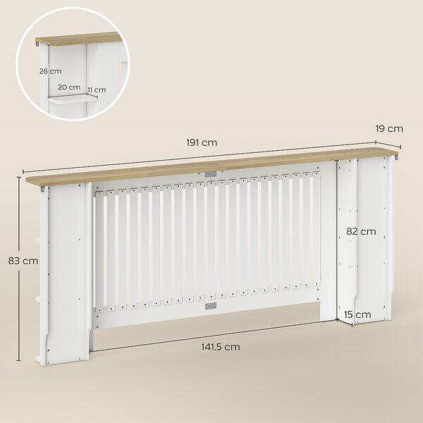 HOMCOM Radiator Cover with Open Storage Shelves, Vertical Slatted Cabinet Shelf Heater Cover for Living Room, Hallway, Extra Large, White (H: 83 / W: 191 / D: 19 cm)