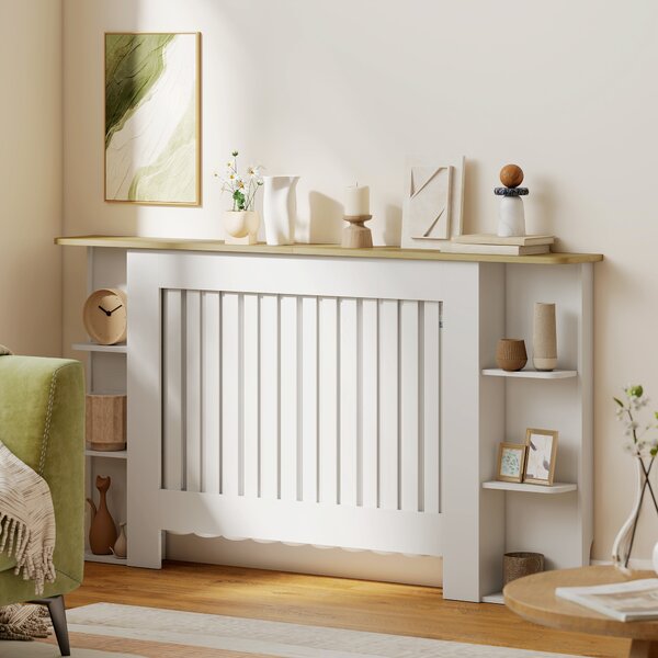HOMCOM Radiator Cover with Open Storage Shelves, Vertical Slatted Cabinet Shelf Heater Cover for Living Room, Hallway, Large, White (H: 83 / W: 152 / D: 19 cm)