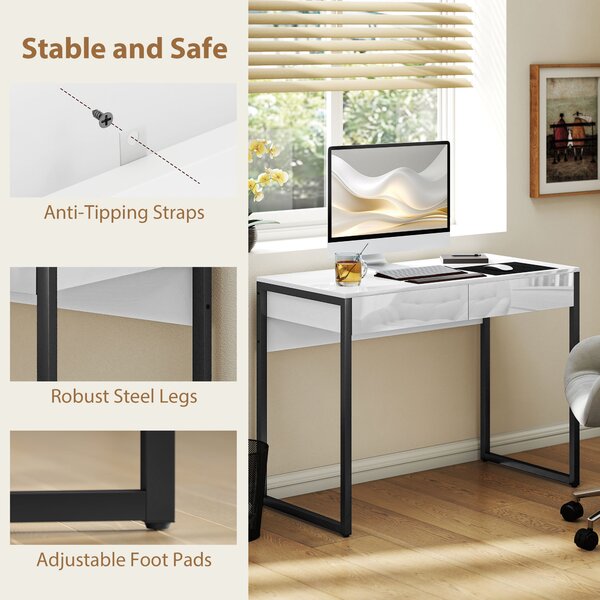 HOMCOM High Gloss Work Table, with Drawers - White