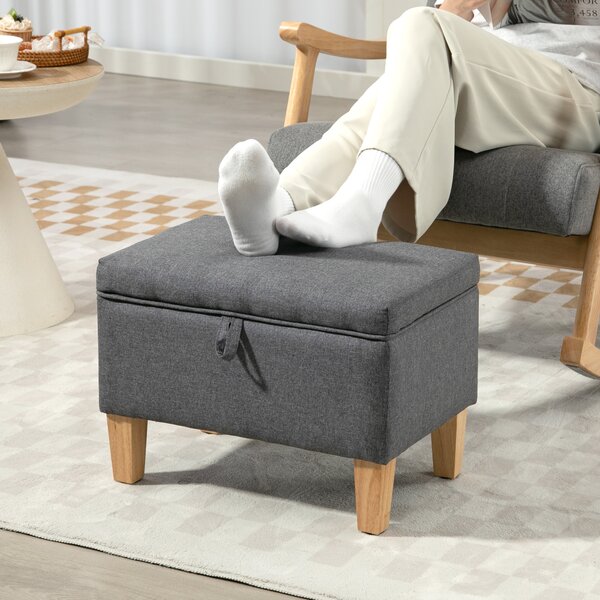 HOMCOM 16L Linen Storage Ottoman Padded Footstool with Rubberwood Legs for Storage Box, Bed End, Shoe Bench, Seating, Charcoal Grey