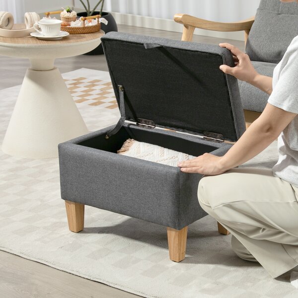 HOMCOM 16L Linen Storage Ottoman Padded Footstool with Rubberwood Legs for Storage Box, Bed End, Shoe Bench, Seating, Charcoal Grey