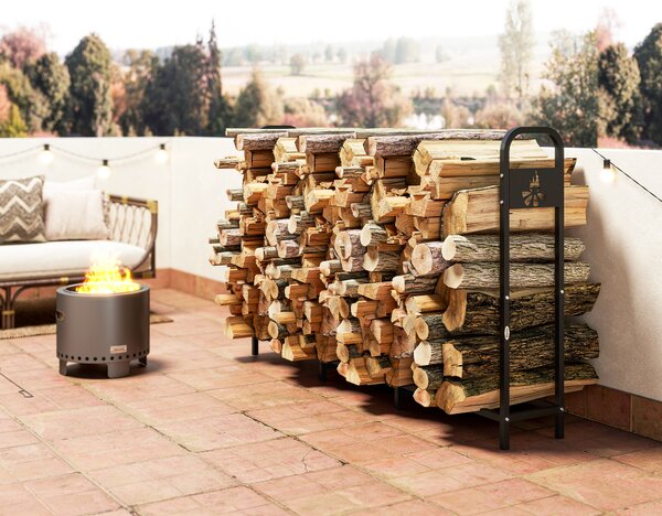 Outsunny 6.5 FT Steel Firewood Log Rack with 300 kg Capacity, Heavy Duty Indoor Outdoor Fireplace Wood Storage Shelf, Log Holder/Stand with Extra Support Legs, Decorative Bonfire Pattern, Black