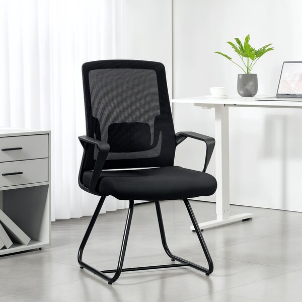 HOMCOM Desk Chair No Wheels, Office Chair with Mesh Back, Lumbar Support, Metal Base for Waiting Room, Conference Room, Black