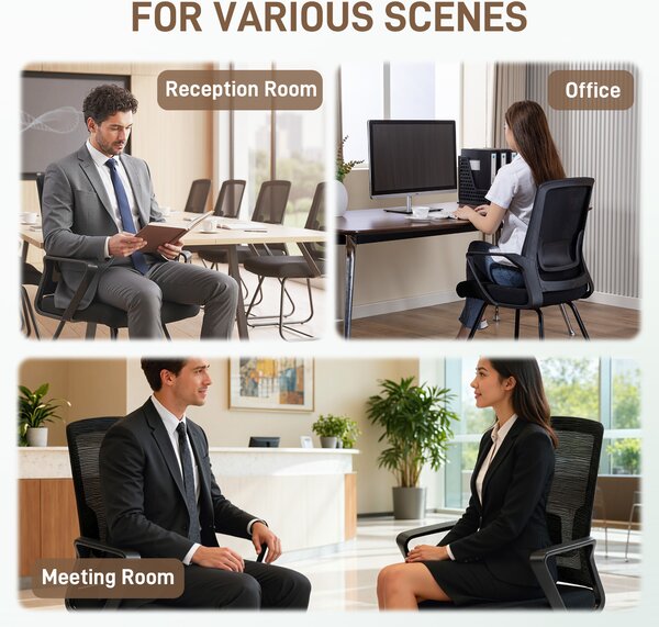 HOMCOM Desk Chair No Wheels, Office Chair with Mesh Back, Lumbar Support, Metal Base for Waiting Room, Conference Room, Black