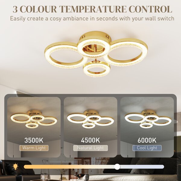 HOMCOM LED Ceiling Light, Modern 4 Rings Ceiling Lamp with Wall Switch Control, 40W 4350lm Flush Mount Ceiling Light with 3500K/4500K/6000K Colour Temperatures for Living Room, Bedroom, Gold Tone