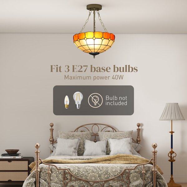 HOMCOM Tiffany Style Ceiling Light, Vintage Chandelier with 3 E27 Sockets, Semi Flush Mount for Living Room, Bulbs Not Included