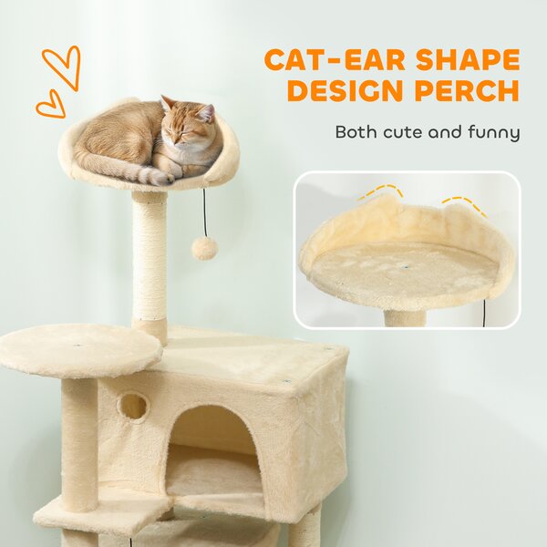 PawHut 140cm Large Cat Tree Tower with Sisal Scratching Posts, Condos, Plush Perches, Hammock, Ladder, Beige