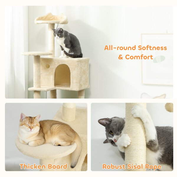 PawHut 140cm Large Cat Tree Tower with Sisal Scratching Posts, Condos, Plush Perches, Hammock, Ladder, Beige