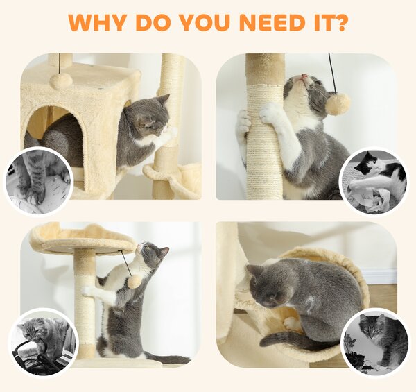PawHut 160cm Large Cat Tree Tower with Sisal Scratching Posts, Condos, Plush Perches, Hammock, Ladder, Beige