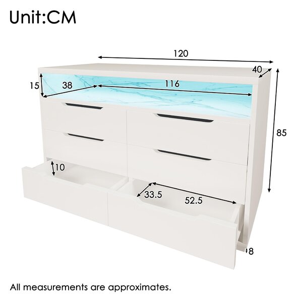 Marbled Sideboard with 6 Storage Drawers, RGB LED Lighting, Modern Storage Cabinet for Bedroom, Living Room, 120L x 40W x 85H cm, White Aosom.UK