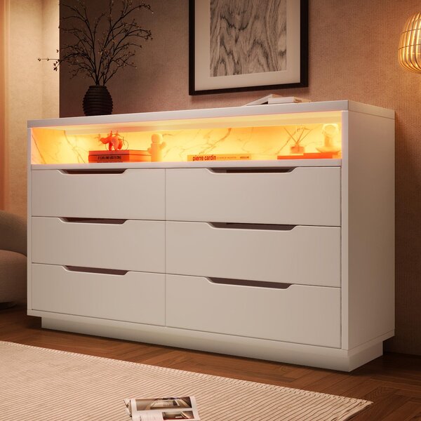 Marbled Sideboard with 6 Storage Drawers, RGB LED Lighting, Modern Storage Cabinet for Bedroom, Living Room, 120L x 40W x 85H cm, White Aosom.UK