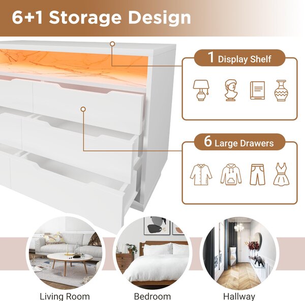 Marbled Sideboard with 6 Storage Drawers, RGB LED Lighting, Modern Storage Cabinet for Bedroom, Living Room, 120L x 40W x 85H cm, White Aosom.UK