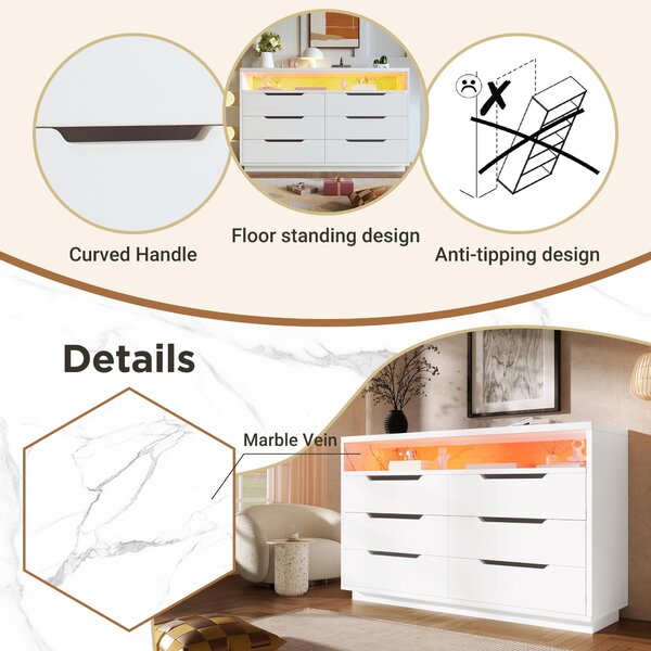 Marbled Sideboard with 6 Storage Drawers, RGB LED Lighting, Modern Storage Cabinet for Bedroom, Living Room, 120L x 40W x 85H cm, White Aosom.UK