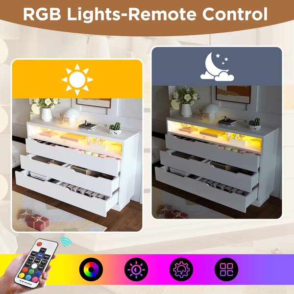 Marbled Sideboard with 6 Storage Drawers, RGB LED Lighting, Modern Storage Cabinet for Bedroom, Living Room, 120L x 40W x 85H cm, White Aosom.UK