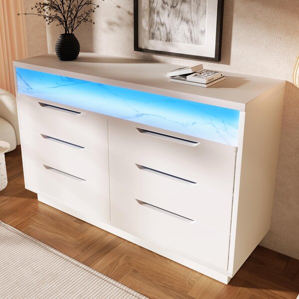 Marbled Sideboard with 6 Storage Drawers, RGB LED Lighting, Modern Storage Cabinet for Bedroom, Living Room, 120L x 40W x 85H cm, White Aosom.UK
