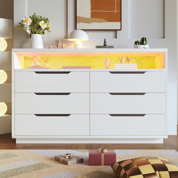 Marbled Sideboard with 6 Storage Drawers, RGB LED Lighting, Modern Storage Cabinet for Bedroom, Living Room, 120L x 40W x 85H cm, White Aosom.UK