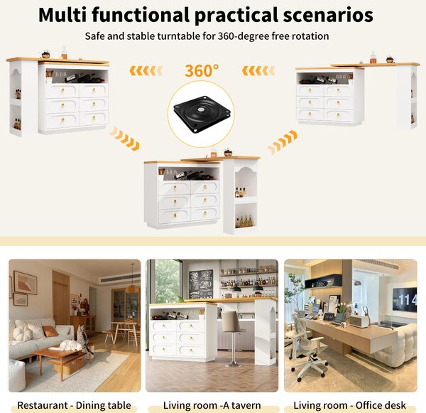 360° Rotating Kitchen Island, Side Table, Double Spice Rack, 6 Drawers Storage Bar Cart, Space-Saving, 137x39x90 cm, White Aosom UK