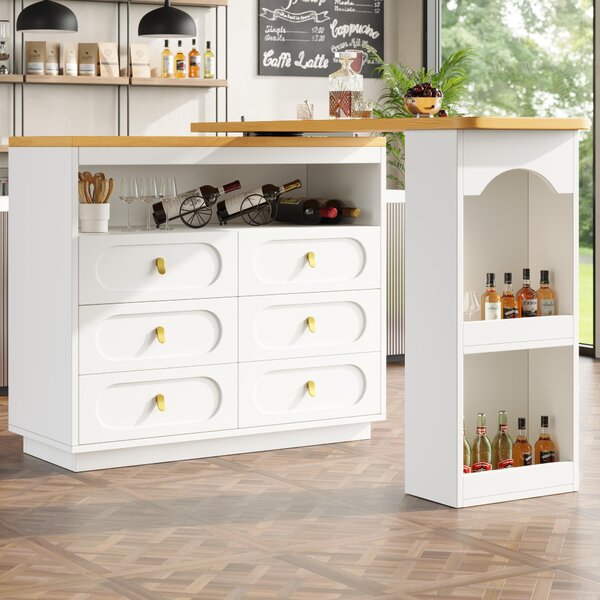 360° Rotating Kitchen Island, Side Table, Double Spice Rack, 6 Drawers Storage Bar Cart, Space-Saving, 137x39x90 cm, White Aosom UK