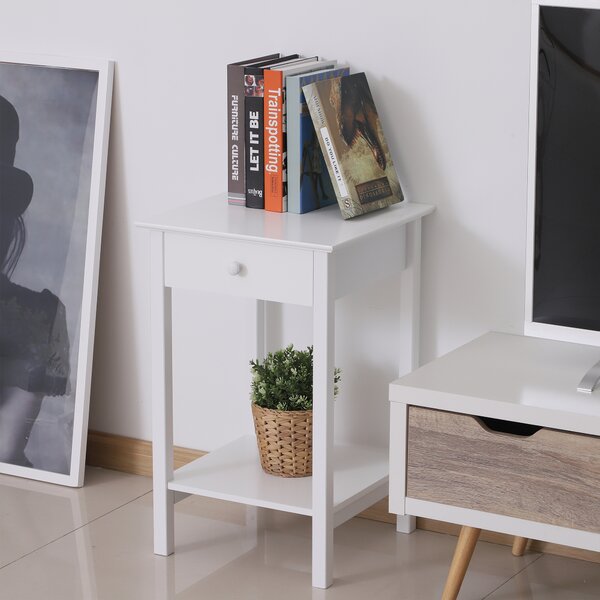 HOMCOM White Bedside Table, Wooden Side Table, Nightstand, Bedside Cabinet with Drawer and Storage Shelf for Bedroom, Set of 2 Aosom UK