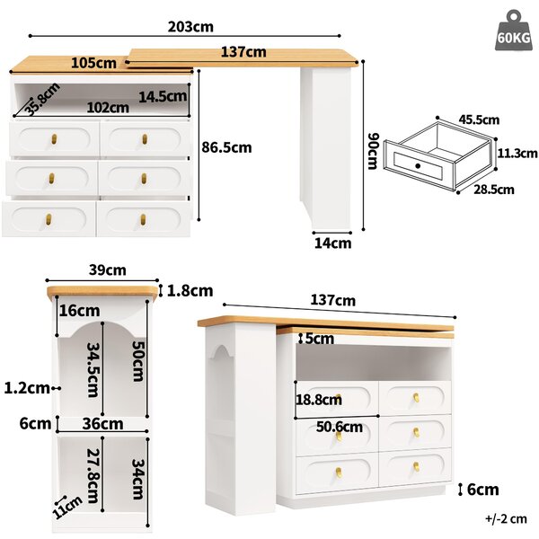 360° Rotating Kitchen Island, Side Table, Double Spice Rack, 6 Drawers Storage Bar Cart, Space-Saving, 137x39x90 cm, White Aosom UK