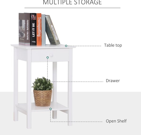 HOMCOM Wooden Bedside Cabinet with Drawer and Shelf, Multipurpose Nightstand for Bedroom, White Aosom UK