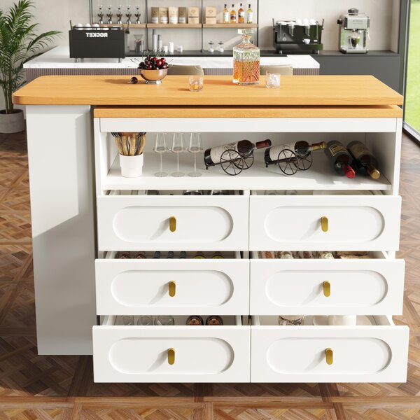 360° Rotating Kitchen Island, Side Table, Double Spice Rack, 6 Drawers Storage Bar Cart, Space-Saving, 137x39x90 cm, White Aosom UK