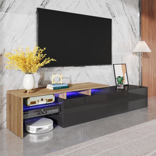 Modern TV Cabinet with LED Lighting and Storage Compartments, Durable TV Stand for Living Room, 170L x 33W x 33.5H cm, Black+Natural Aosom UK