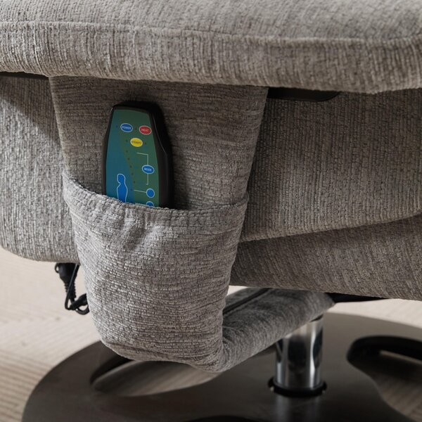 Swivel Massage Recliner with Ottoman Footstool, 5-Point Massager, Chenille Armchair with Ergonomic Backrest, 88L x 80W x 106H cm, Grey Aosom.UK