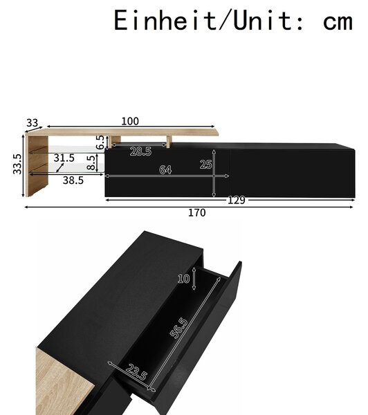 Modern TV Cabinet with LED Lighting and Storage Compartments, Durable TV Stand for Living Room, 170L x 33W x 33.5H cm, Black+Natural Aosom UK