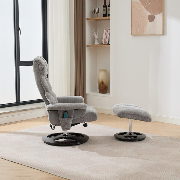 Swivel Massage Recliner with Ottoman Footstool, 5-Point Massager, Chenille Armchair with Ergonomic Backrest, 88L x 80W x 106H cm, Grey Aosom.UK