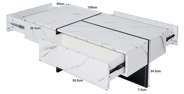 High-Gloss Coffee Table with App-Controlled Colour-Changing LED Lighting, Tea Table with 3 Drawers, 100L x 50W x 34.5H cm, Black+White Aosom UK