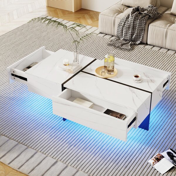 High-Gloss Coffee Table with App-Controlled Colour-Changing LED Lighting, Tea Table with 3 Drawers, 100L x 50W x 34.5H cm, Black+White Aosom UK