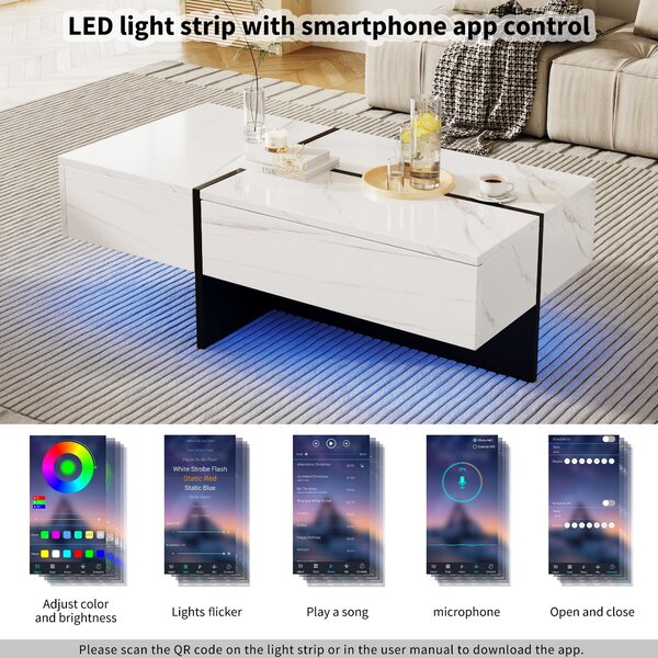 High-Gloss Coffee Table with App-Controlled Colour-Changing LED Lighting, Tea Table with 3 Drawers, 100L x 50W x 34.5H cm, Black+White Aosom UK