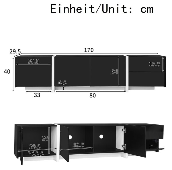 High-gloss Finish TV Cabinet with 3 Doors and 1 Drawer, Contrasting Base, TV Stand for Living Room, 170L x 29.5W x 40H cm, Black+White Aosom UK
