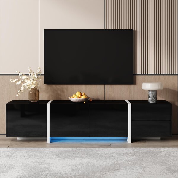 High-gloss Finish TV Cabinet with 3 Doors and 1 Drawer, Contrasting Base, TV Stand for Living Room, 170L x 29.5W x 40H cm, Black+White Aosom UK