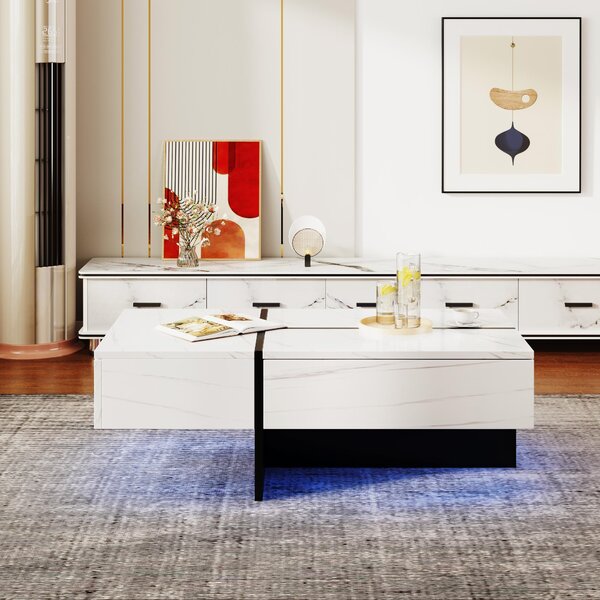 High-Gloss Coffee Table with App-Controlled Colour-Changing LED Lighting, Tea Table with 3 Drawers, 100L x 50W x 34.5H cm, Black+White Aosom UK