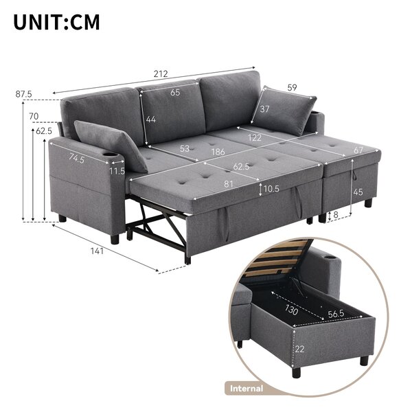 L-Shaped Corner Sofa Bed with Storage, 3 Seater Pull-Out Convertible Settee with Cup Holders and Magazine Pockets, 212x141x87.5 cm, Grey Aosom UK