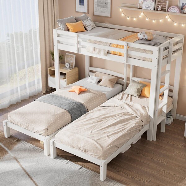 Triple Bunk Bed Space-Saving SleeperSide with Ladder and Bedside Storage, Bed Frame with Safety Rails, 204L x 198W x 162.5H cm, White Aosom UK